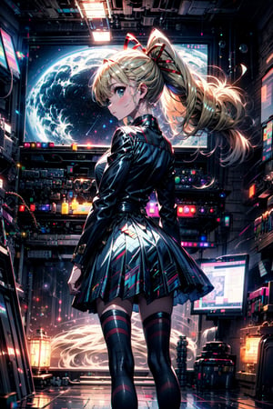 masterpiece, best quality, highres,  solo, 

TWINTAILS, TWIN DRILLS, Luna_MM, twin tails, drill hair, blonde, striped tights,blue dress, school uniform, skirt, blond_hair, big hair, big red ribbon in hair,

cowboy shot, space station, looking out the window, from behind, looking away from viwer, from behind, full body shot,