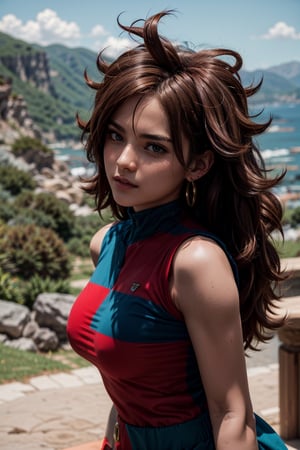   smile,   mature_woman, 27 years old, stern expression, frustrated, disappointed, flirty pose, sexy, looking at viewer, scenic view, Extremely Realistic, high resolution, masterpiece, 

aaandro, brown hair, long hair, curly hair, blue eyes, hoop earrings, two-tone dress, checkered dress, sleeveless, black pantyhose, dragon ball

