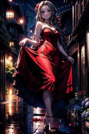 masterpiece, best quality, highres, HDR, ultra-detailed, highres, extremely detailed CG unity 8k wallpaper, perfect artwork, perfect female figure, 1girl, age 22, aerith gainsborough,very long hair, hair ribbons, hair flowers, strapless red dress, high heels, looking at viewer, sexy pose, skirt lift up, light smile, midnight town, flower garden,