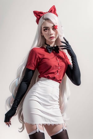 (Vaggie:1.0), (Hotel Outfit), (red shirt, black skirt, stockings, gloves, hair bow), (pastel-pink sclera, black pupil, grey skin, white hair, long hair, hair bow:1.2), (white background:1.5), (realistic:1.2), (masterpiece:1.2), (full-body-shot:1),(Cowboy-shot:1.2), neon lighting, dark romantic lighting, (highly detailed:1.2),(detailed face:1.2), (gradients), colorful, detailed eyes, (detailed landscape:1.2), (natural lighting:1.2), (cute pose:1.2), (solo, one person, 1girl:1.5), standing,       (vaggie)