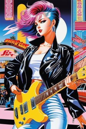 Vibrant colors、((​masterpiece)))、(((top-quality)))、((ultra-detailliert))、(A hyper-realistic)、(highly detailed CGillustration）、Official art、CD cover、 art district、It will be、Mid summer、Stylish、glorious 1980s、Cool Beauty、Cochetti Gojo Beautiful woman without a watch、multicolored hair、Rock 'n' Roller、leather jackets、tight female solo、Perfect Angle、perfect-composition,gzh,more detail XL,standing_split,1980s (style)