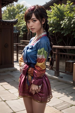   smile,   mature_woman, 27 years old, stern expression, frustrated, disappointed, flirty pose, sexy, looking at viewer, scenic view, Extremely Realistic, high resolution, masterpiece, 

bbhana, long hair, brown hair, single braid, hair ornament, whisker markings, korean clothes, hanbok, long sleeves, striped sleeves, pink skirt, , outdoors, standing, smile, cowboy shot,