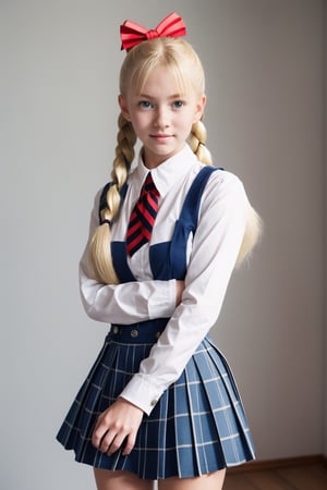 masterpiece, best quality, 1girl, solo, looking at viewer, breasts, , portrait, white background, simple background, 

TWINTAILS, TWIN DRILLS, Luna_MM, twin tails, drill hair, blonde, striped tights,blue dress, school uniform, skirt, blond_hair, big hair, big red ribbon in hair, ,photorealistic,1 girl 