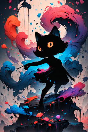 ink brushstrokes in background, looking at viewer, ink rain, stunning image, ink smoke, digital art, professional style, ((masterpiece quality: 2)), ink droplets, attractive image.,INK,Ink art

a chibi girl, candies, fighting pose, 
silhouette of a Giant Cat,