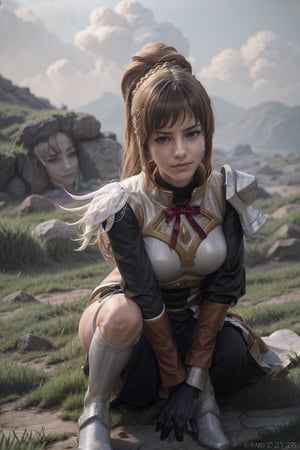   smile,   mature_woman, 27 years old, stern expression, frustrated, disappointed, flirty pose, sexy, looking at viewer, scenic view, Extremely Realistic, high resolution, masterpiece, 

, long hair, blonde hair, x hair ornament, armor, blue eyes, ponytail, hair ornament, gloves, shoulder armor, braid, black gloves, pauldrons, white boots, darkness \(konosuba\),