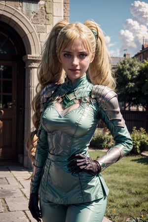   smile,   mature_woman, 27 years old, stern expression, frustrated, disappointed, flirty pose, sexy, looking at viewer, scenic view, Extremely Realistic, high resolution, masterpiece, 

 hair ribbons, shoulder armor, armor, breastplate, underbust, green coat, fur trim, vambraces, blue gloves, green skirt, white pants, green cape, looking at viewer, smile, garden, blue sky, clouds,

TWINTAILS, TWIN DRILLS, Luna_MM, twin tails, drill hair, blonde, blond_hair, big hair, big red ribbon in hair, 