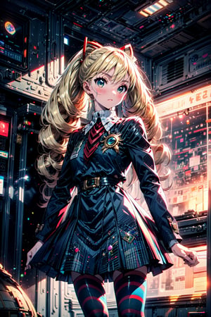 masterpiece, best quality, highres,  solo, 

TWINTAILS, TWIN DRILLS, Luna_MM, twin tails, drill hair, blonde, striped tights,blue dress, school uniform, skirt, blond_hair, big hair, big red ribbon in hair,

cowboy shot, space station, looking out the window, from behind, looking away from viwer