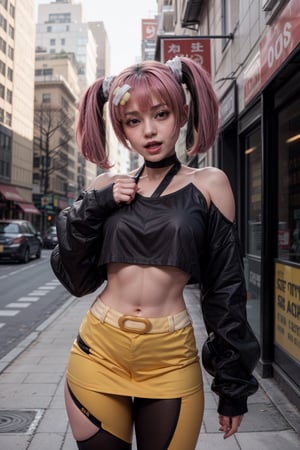   smile,   mature_woman, 27 years old, stern expression, frustrated, disappointed, flirty pose, sexy, looking at viewer, scenic view, Extremely Realistic, high resolution, masterpiece, 

sango, 1girl, twintails, long sleeves, bare shoulders, open mouth, hair ornament, fang, blush, black shirt, sleeves past wrists, crop top, choker, skirt, shirt, midriff, navel, :d, sleeves past fingers(outdoors, city, thighs, standing)
