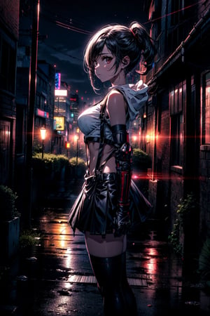 masterpiece, best quality, 7rtifa, crop top, arm guards, fingerless gloves, suspenders, pleated miniskirt, black thighhighs, fist, from side, looking at viewer, dystopian city, city street, night