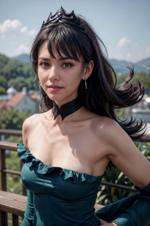   smile,   mature_woman, 27 years old, stern expression, frustrated, disappointed, flirty pose, sexy, looking at viewer, scenic view, Extremely Realistic, high resolution, masterpiece, 

bellelba, medium hair, earrings, crown, detached collar, off-shoulder dress, long dress, wide sleeves, white elbow gloves, indigo hair color, 