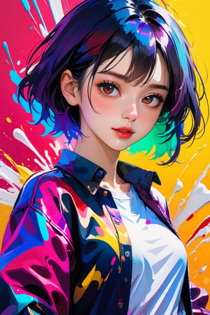 young girl, adolescent, energetic, joyous, selfie, outline, angle downwards, v shape hand pose, cute, adorable, sexy, dance, suggestive outfit, paint splash background, vibrant paint, high contrast, abstract, volumetric light, high quality, detailed, masterpiece,girl,xxmix_girl