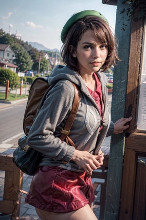   smile,   mature_woman, 27 years old, stern expression, frustrated, disappointed, flirty pose, sexy, looking at viewer, scenic view, Extremely Realistic, high resolution, masterpiece, 

gloria1, 1girl, gloria \(pokemon\), brown hair, solo, backpack, brown eyes, tam o' shanter, grey cardigan, pink dress, short hair, green socks, socks, brown bag, bob cut, bangs, long sleeves, collared dress,
