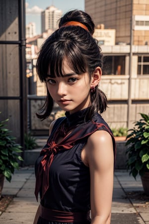   smile,   mature_woman, 27 years old, stern expression, frustrated, disappointed, flirty pose, sexy, looking at viewer, scenic view, Extremely Realistic, high resolution, masterpiece, 

dragon ball, bbchichi, single hair bun, hair bun, blunt bangs, sidelocks, black eyes, earrings, orange neckerchief, orange scarf, purple dress, sleeveless, bracelet





