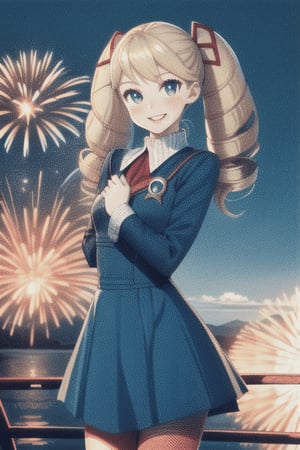 
TWINTAILS, TWIN DRILLS, Luna_MM, twin tails, drill hair, blonde, blond_hair, big hair, big red ribbon in hair, cowboy shot, scenic view, smile, parted lips , striped tights,blue dress, school uniform, skirt, 

exploding fireworks ,