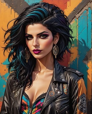 A rebellious Saudi Arabian woman, her black hair styled into a punk rock inspired look, complements her brown eyes and light brown tan skin. The image, possibly a vibrant painting or a striking photograph, captures her bold and unique style with precision. Every detail, from her edgy clothing to her unconventional appearance, exudes an air of confidence and individuality. The high quality of the image allows viewers to truly appreciate the essence of her unconventional beauty and self-expression.