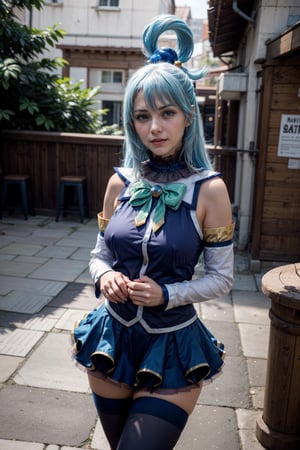   smile,   mature_woman, 27 years old, stern expression, frustrated, disappointed, flirty pose, sexy, looking at viewer, scenic view, Extremely Realistic, high resolution, masterpiece, 

aaaqua, long hair, blue hair, hair rings, hair ornament, choker, bare shoulders, green bow, blue shirt, detached sleeves, blue skirt, thighhighs, 