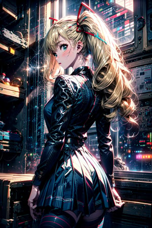 masterpiece, best quality, highres,  solo, 

TWINTAILS, TWIN DRILLS, Luna_MM, twin tails, drill hair, blonde, striped tights,blue dress, school uniform, skirt, blond_hair, big hair, big red ribbon in hair,

cowboy shot, space station, looking out the window, from behind, looking away from viwer, from behind, 