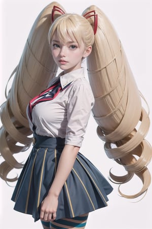masterpiece, best quality, 1girl, solo, looking at viewer, breasts, , portrait, white background, simple background, 

TWINTAILS, TWIN DRILLS, Luna_MM, twin tails, drill hair, blonde, striped tights,blue dress, school uniform, skirt, blond_hair, big hair, big red ribbon in hair, ,Masterpiece