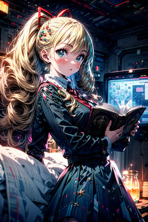 masterpiece, best quality, highres,  solo, 

TWINTAILS, TWIN DRILLS, Luna_MM, twin tails, drill hair, blonde, striped tights,blue dress, school uniform, skirt, blond_hair, big hair, big red ribbon in hair,

cowboy shot, space station, lying in bed, reading a book,