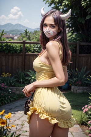   smile,   mature_woman, 27 years old,  flirty pose, sexy, looking at viewer, scenic view, Extremely Realistic, high resolution, masterpiece, 

UltiOP, mask, long hair, from behind, (yellow sundress), garden, day, sunshine, looking back