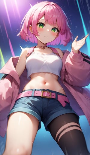 Score_9, Score_8_up, Score_7_up, Score_6_up, Score_5_up, Score_4_up, , source_anime, Extremely Realistic,more detail XL,(motion sex), motion lines, motion blur, vibrant colors, 

kisikilslf1, pink hair, green eyes, short hair, white **** top, midriff, shorts, pink belt, asymmetrical legwear, oversized pink jacket