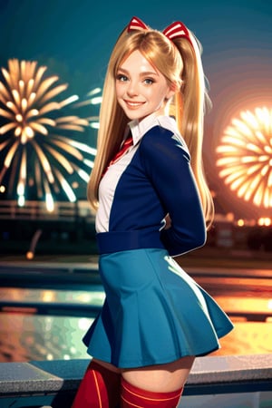 
TWINTAILS, TWIN DRILLS, Luna_MM, twin tails, drill hair, blonde, blond_hair, big hair, big red ribbon in hair, cowboy shot, scenic view, smile, parted lips , striped tights,blue dress, school uniform, skirt, 

exploding fireworks ,photorealistic