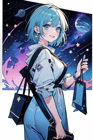 (masterpiece, best quality, highres:1.3), ultra resolution image, 

A cute urban girl with short hair and trendy clothes carries shopping bags, floating through the galaxy. She smiles brightly, surrounded by stars and planets, wearing stylish accessories and holding her bags tightly, capturing the whimsical, space-borne shopping adventure.