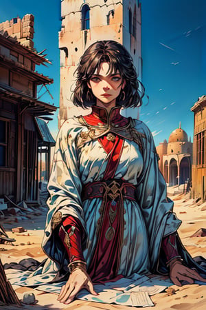 A stunningly lifelike painting of a female desert warrior, her every feature captured in exquisite detail. Her brown skin glows with health, accentuated by her very short black fuzzy hair that frames her beautiful face. Her clear blue eyes, a contrast to the surrounding desert hues, seem to hold an unspoken wisdom and strength. She wears nomadic fashion typical of the apocalyptic desert town, consisting of flowing robes that billow gently in the wind, revealing hints of a lean, muscular physique beneath. The background depicts an apocalyptic desert town, with crumbling adobe buildings and sand dunes stretching as far as the eye can see, accentuating the harsh yet beautiful landscape she calls home. The sun hangs high in the clear blue sky, casting long shadows across the terrain, while a sense of movement and energy emanates from the warrior, as if she could leap from the canvas at any moment. This masterpiece is a testament to the artist's skill and ability to capture the essence of a powerful desert nomad in her natural habitat.,nodf_lora