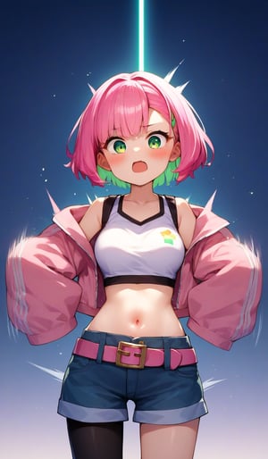 Score_9, Score_8_up, Score_7_up, Score_6_up, Score_5_up, Score_4_up, , source_anime, Extremely Realistic,more detail XL,(motion sex), motion lines, motion blur, vibrant colors, 

kisikilslf1, pink hair, green eyes, short hair, white **** top, midriff, shorts, pink belt, asymmetrical legwear, oversized pink jacket