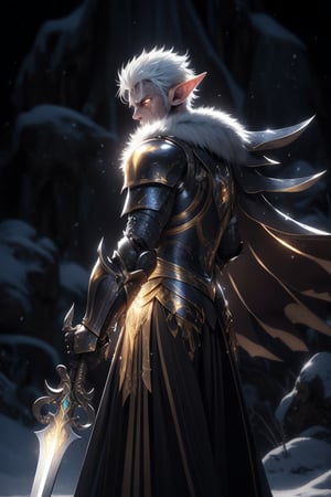 a side profile portrait of a rough and worn looking elf man with a very short shaven militarycut haircut. he has a very visible scar on his face and is looking up to the heavens with a determined yet angry expression. He is wielding a glaive weapon that he has leaning on his shoulder. He is wearing full black and gold armor with fur for warmth adorning the armor. he has massive glowing golden wings and has a bright golden light shining on him. he has bright glowing golden eyes. he has short white militarycut hair and there is a bright golden light shining on him from above. he is standing in a snowy scene