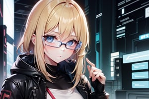 female_solo ,best quality, blond_hair, blue_eyes,cyberpunk glasses, data all around, hackerspace, cyber background