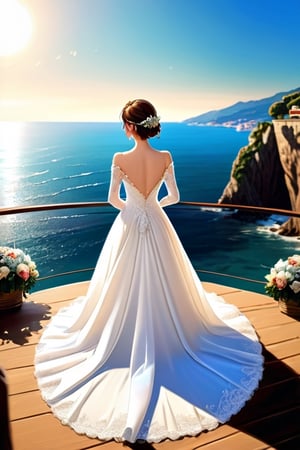 bald, wedding dress, italy beach cliff, wedding arc, wedding_dress back open, sidelock, sideview, long white gloves, brown-eyes, smiles, tiny_ass, arc wedding view over