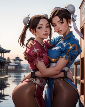 (masterpiece, best quality, ultra-detailed, 8K), cowboy shot, dynamic angle, (2 girls:1.7), picture of 2 beautiful girls chun li and shiranui mai, looking at viewer, smiling, (hug, cute pose:1.6), [[BREAK]] 21 year old models, (blue, eyes), big breasts,chun li,shiranui_mai, (outside, blue sky, old town Japan),