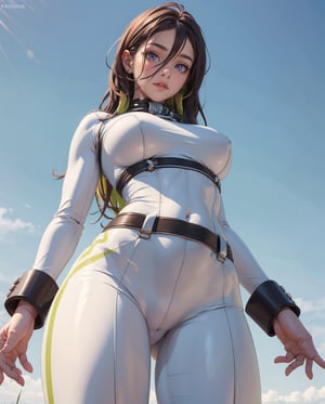 (masterpiece, best quality, ultra-detailed, 8k), realistic photo, detailed face, detailed eyes, cowboy shot, pov, (kneeling), all fours, (view from below:1.4), (large breasts), guilty \(nikke\), 1girl, solo, white bodysuit, stretched clothes, (skin tight bodysuit), collar, belt, purple eyes, green hair, two-tone hair, tiny waist, wide hips, tight body, slender body, hourglass body, thigh gap, sexy fit body, More Detail, simple background, guilty (nikke)
