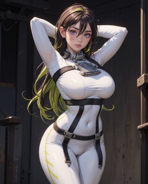 (masterpiece, best quality, ultra-detailed, 8k), realistic photo, detailed face, detailed eyes, full body, standing, (arms up, arms behind head), bound, innocent look, (large breasts), guilty \(nikke\), 1girl, solo, white bodysuit, skin tight bodysuit, collar, belt, purple eyes, green hair, two-tone hair, tiny waist, wide hips, tight body, slender body, hourglass body, thigh gap, camel toe, sexy fit body, More Detail, simple background, guilty (nikke)