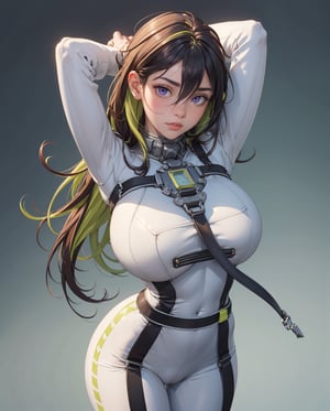 (masterpiece, best quality, ultra-detailed, 8k), realistic photo, detailed face, detailed eyes, full body, standing, (arms up, arms behind head), bound, innocent look, (huge breasts), guilty \(nikke\), 1girl, solo, white bodysuit, skin tight bodysuit, collar, belt, purple eyes, green hair, two-tone hair, tiny waist, wide hips, tight body, slender body, hourglass body, thigh gap, camel toe, sexy fit body, More Detail, simple background, guilty (nikke)