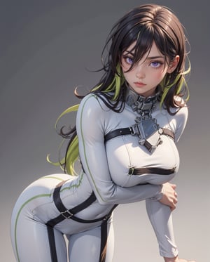 (masterpiece, best quality, ultra-detailed, 8k), realistic photo, detailed face, detailed eyes, cowboy shot, (bending over), leaning forward, (large breasts), guilty \(nikke\), 1girl, solo, white bodysuit, stretched clothes, (skin tight bodysuit), collar, belt, purple eyes, green hair, two-tone hair, tiny waist, wide hips, tight body, slender body, hourglass body, thigh gap, camel toe, sexy fit body, More Detail, simple background, guilty (nikke)
