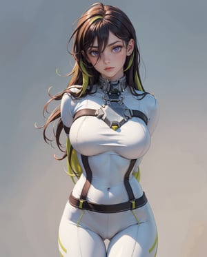 (masterpiece, best quality, ultra-detailed, 8k), realistic photo, detailed face, detailed eyes, cowboy shot, (arms down, arms behind back), bound, innocent look, (large breasts:1.2), guilty \(nikke\), 1girl, solo, white bodysuit, stretched clothes, (skin tight bodysuit), clothes too small, collar, belt, purple eyes, green hair, two-tone hair, tiny waist, wide hips, tight body, slender body, hourglass body, thigh gap, camel toe, sexy fit body, More Detail, simple background, guilty (nikke)