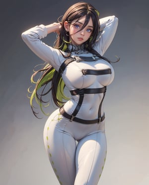 (masterpiece, best quality, ultra-detailed, 8k), realistic photo, detailed face, detailed eyes, full body, standing, (arms up, arms behind head), bound, innocent look, (large breasts:1.2), guilty \(nikke\), 1girl, solo, white bodysuit, stretched clothes, (skin tight bodysuit), clothes too small, collar, belt, purple eyes, green hair, two-tone hair, tiny waist, wide hips, tight body, slender body, hourglass body, thigh gap, camel toe, sexy fit body, More Detail, simple background, guilty (nikke)