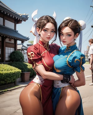 (masterpiece, best quality, ultra-detailed, 8K), cowboy shot, dynamic angle, (2 girls:1.7), picture of 2 beautiful girls chun li and shiranui mai, looking at viewer, smiling, (hugging), [[BREAK]] 21 year old models, (blue, eyes), big breasts,chun li,shiranui_mai, (outside, blue sky, old town Japan),