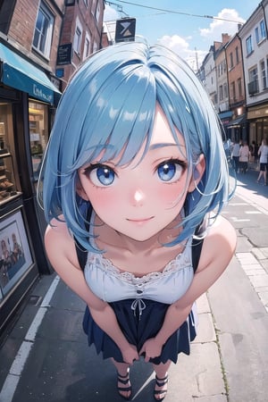 sfw,masterpiece, (best quality, ultra-detailed:1.4), (ultra high res:1.5), (sharp focus), (insanely detailed:1.3), (detailed anime face:1.1), (perfect anatomy), super fine (cel animation), (1 anime (kawaii :1.3) girl),(cute anime face:1.4),pointy nose, (medium hair,light blue hair:1.2),kindly smile,(townscape in photoreal background:1.4),(at shoping street, crowd:1.2), full body, cowboy shot, (panorama view,blue sky),(heart warming, short trip atmosphere),girlish summer fashion,