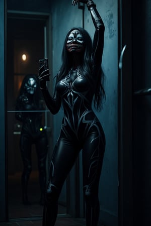 A venomous woman stands poised before a mirror, her black bodysuit and white-painted adornments stark against the dimly lit room's darkness. Her masked face, punctuated by a pop of color, holds a cell phone in her right hand. Long hair cascades down her left side as she raises her free hand towards the ceiling. The mirror's reflection showcases her masked visage, creating a striking contrast with the black and white suit.