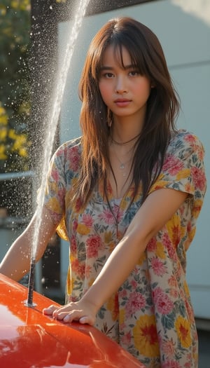 A vibrant young woman, clad in a floral mini oversize dress, mid-splash as she scrubs her sporty car's exterior under warm sunlight. She stands lean forward, water droplets glistening on her wet dress, highlighting the texture of the fabric. The camera frames her from the side, capturing subtle highlights on her hair and shoulders, as she poses with pride and independence, her confident expression radiating through the spray, a splash of water forming a small arc in front of her, emphasizing her carefree spirit.