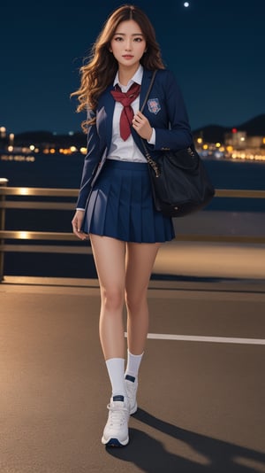 (masterpiece, realistic, best quality, ultra detailed), intricate, professional photography, sharp focus, (8k UHD), RAW photo, dslr, perfect lighting, professional lighting,  1girl wearing school uniform, sneakers, brown wavy hair, background, harbor, night, night sky,