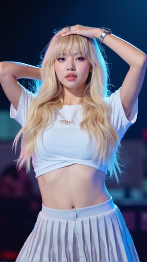 Asian woman, blonde hair, bangs, k-pop idols, midriff, underboob shirt, pleated skirt, on the stage, 