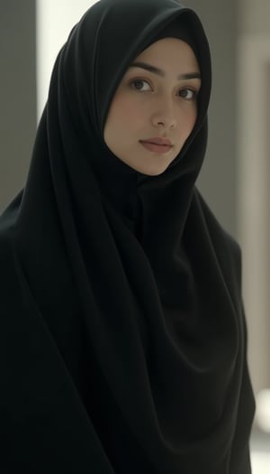 A full shot of a youthful female wearing full hijab with black colours,CK