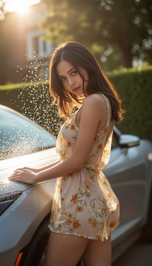 A vibrant young woman, clad in a floral mini oversize sheer dress, mid-splash as she scrubs her sporty car's exterior under warm sunlight. She stands lean forward, water droplets glistening on her wet dress, highlighting the texture of the fabric. The camera frames her from the side, capturing subtle highlights on her hair and shoulders, as she poses with pride and independence, her confident expression radiating through the spray, a splash of water forming a small arc in front of her, emphasizing her carefree spirit.,romper,asian woman,asian girl.