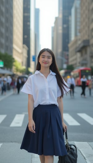 A young woman in a crisp white blouse and navy blue pleated skirt, her school uniform attire, walks as a pedestrian on a busy city street. Framed by towering skyscrapers, the warm sunlight casts a gentle glow on her features, accentuating her youthful innocence.