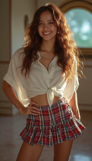 Stunning schoolgirl pose: Wavy-haired beauty stands confidently, plaid miniskirt fluttering, white shirt accentuating her slender figure. Iridescent lighting dance across her skin as she beams with radiant smile, jewelry gleaming on neck. Cinematic HDR glow captures every hair curl and fabric fold in breathtaking detail.