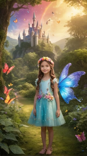 A whimsical scene unfolds! A little girl with rosy cheeks and a floral dress stands amidst a magical forest. She grasps a wand and has a sparkling headdress (1.2) adorned with colorful butterflies fluttering about. By her side is her talking animal companion (1.3), perhaps a friendly dragon (1.1) with its majestic scales glinting in the sunlight. In the distance, a picturesque castle stands tall, with a rainbow arcing above it. The air is filled with floating fairies (1.1), their delicate wings shimmering as they dance among sparks. A huge lollipop (0.9) towers nearby, accompanied by a candy house (1.2) and a wishing well (1.1). This fantastical scene radiates Happiness, Adventure, and Storybook charm!